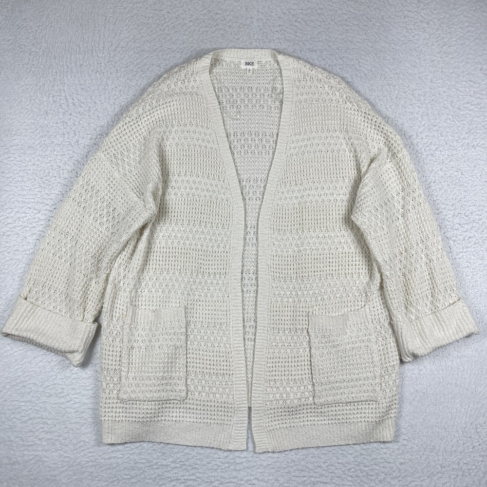 BKE Sweater Womens Large Cream Open Knit Cardigan Cozy Neutral Duster Grandma